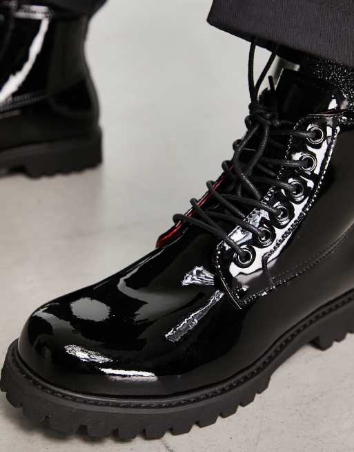 Devils Advocate – Schnürstiefel aus schwarzem Leder in Lackoptik mit dicker Sohle, 4 von 4