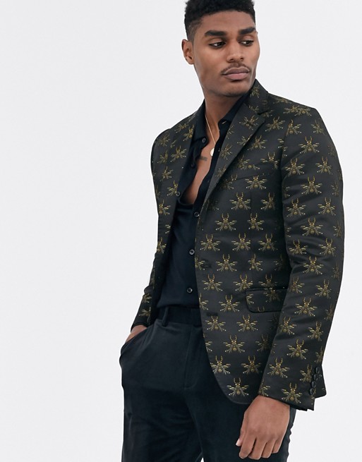 Devils Advocate skinny fit bee embroidered blazer