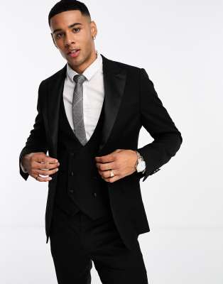 Devils Advocate skinny fit black peak satin lapel single breasted tux jacket