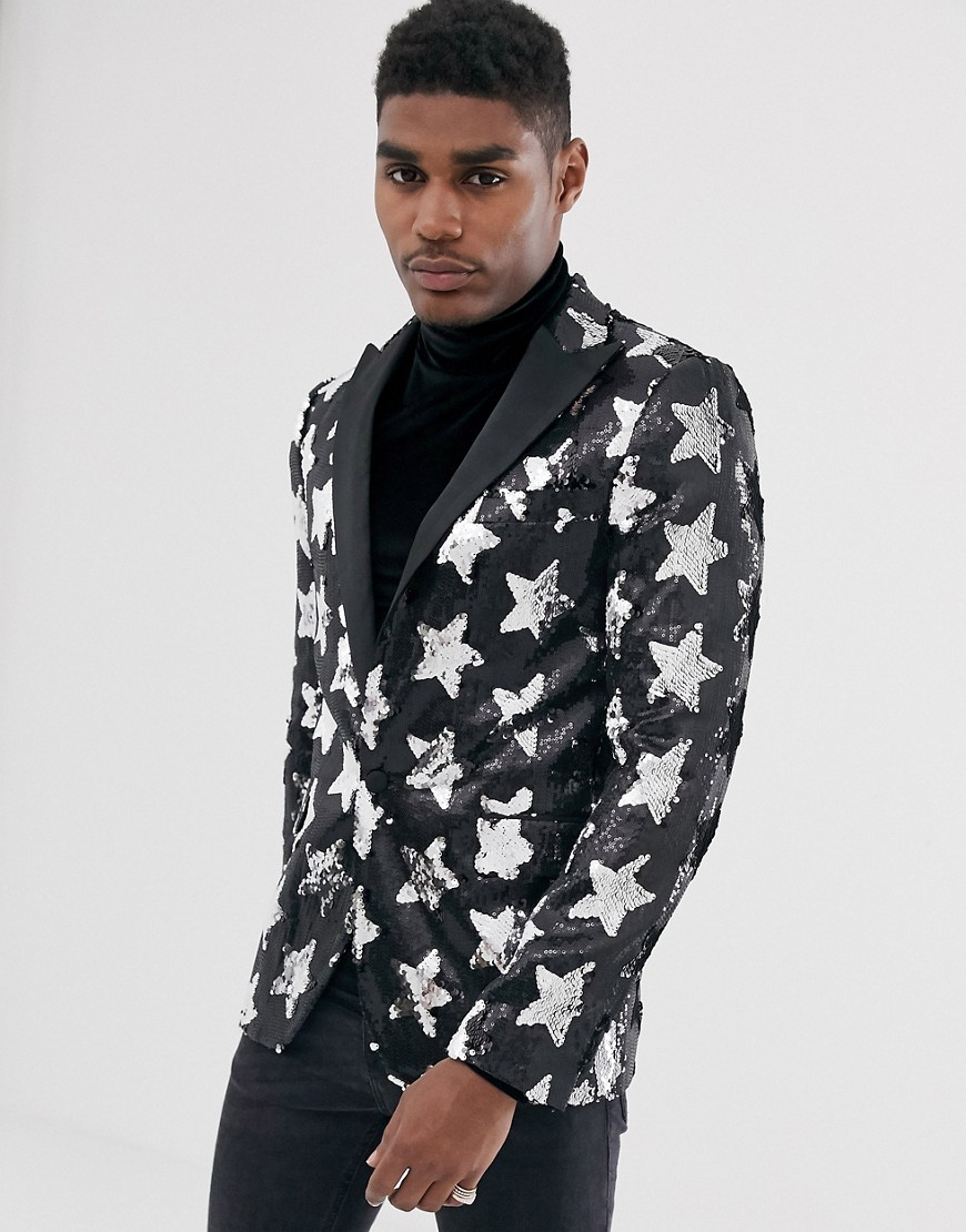 Devils Advocate skinny fit black sequin star satin lapel evening jacket