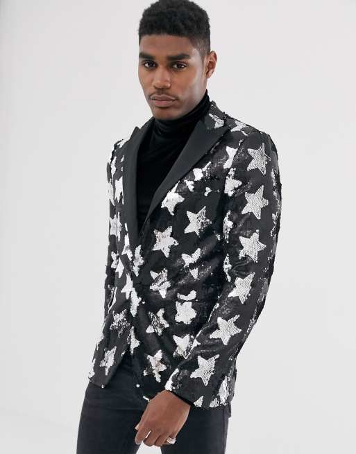 Men Sequin Suit Jacket Slim Fit Peak Lapel Contrast Color One