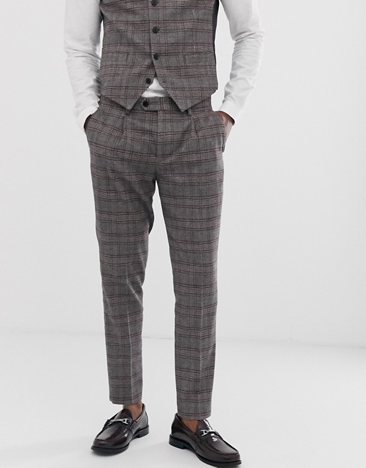 Devils Advocate skinny fit brown check cropped suit trousers