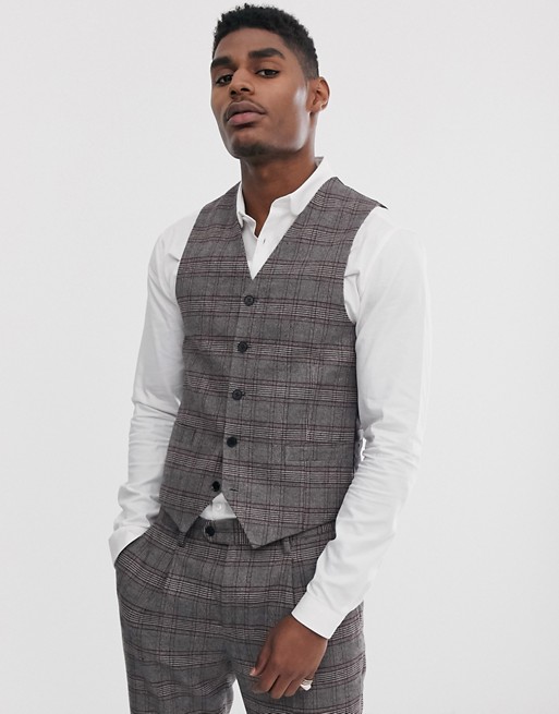Devils Advocate skinny fit brown check suit waistcoat