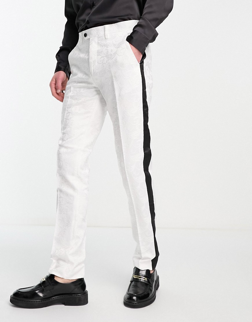 Devils Advocate skinny fit lace tuxedo suit pants in white with contrasting panel