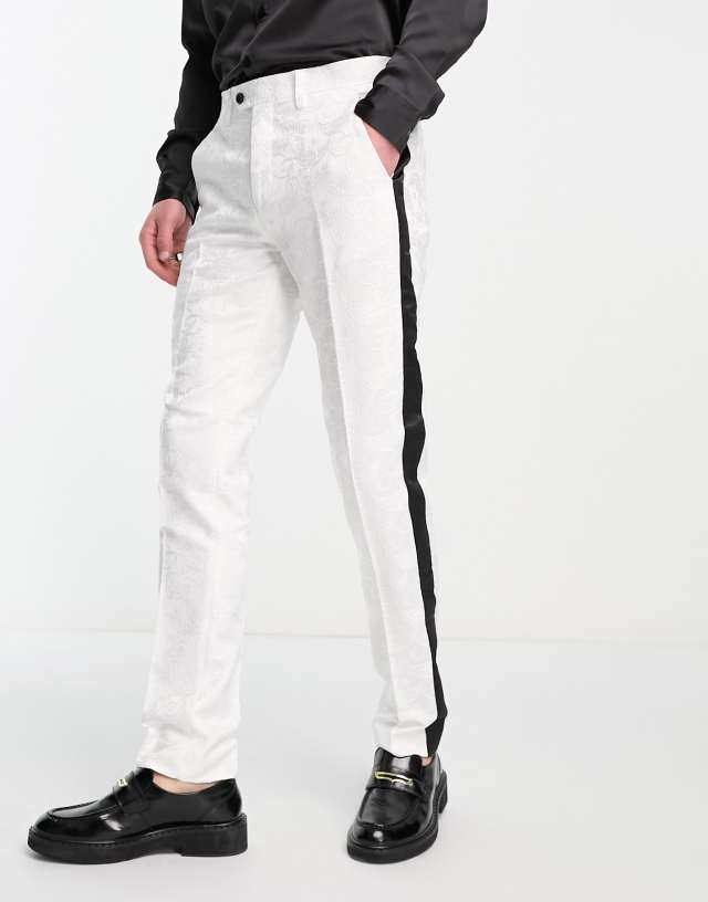 Devils Advocate skinny fit lace tuxedo suit pants in white with contrasting panel