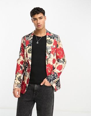 Devils Advocate skinny fit suit jacket in red floral print - ASOS Price Checker