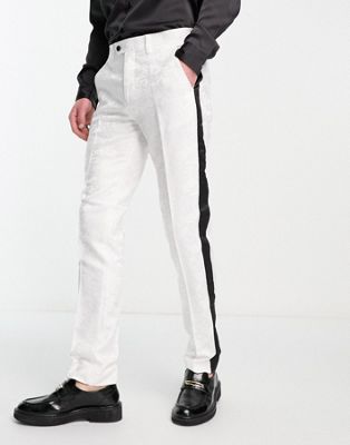 Devils Advocate skinny fit lace tuxedo suit trousers in white with contrasting panel