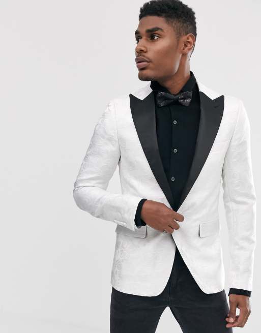 Devils Advocate skinny fit white lace overlay satin lapel dinner jacket ...