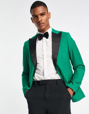 Devils Advocate Devils Advocate skinny suit jacket in green with black lapel