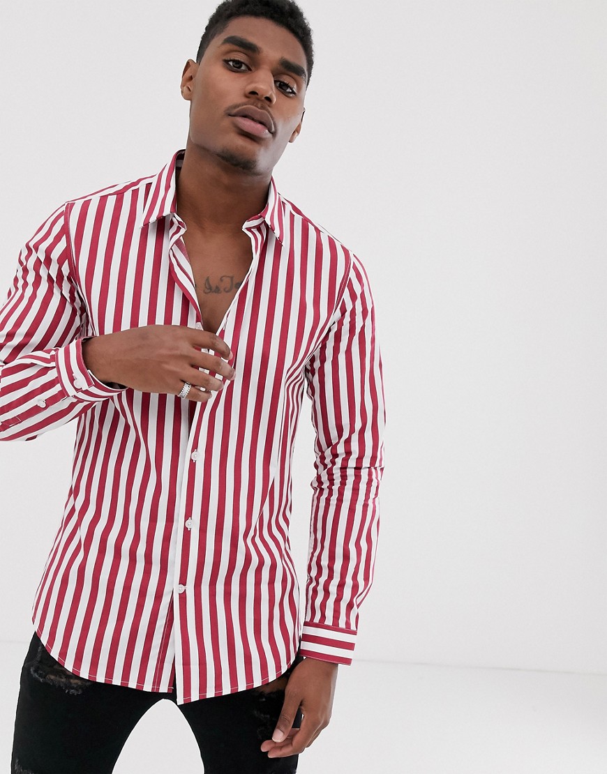 Devils Advocate slim fit cotton stripe long sleeve shirt-Red