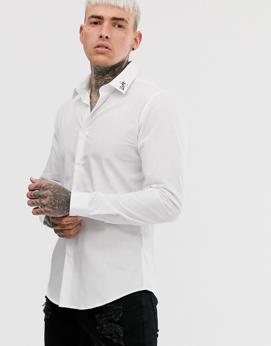 Devils Advocate slim fit embroidered collar lucky shirt-White