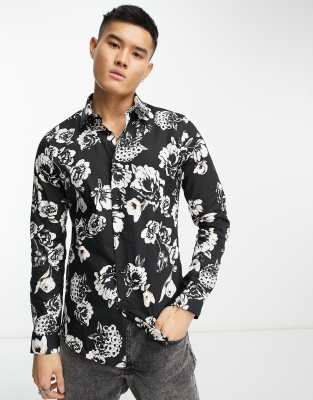 DEVILS ADVOCATE SLIM FIT LONG SLEEVE FLORAL SHIRT IN BLACK AND WHITE