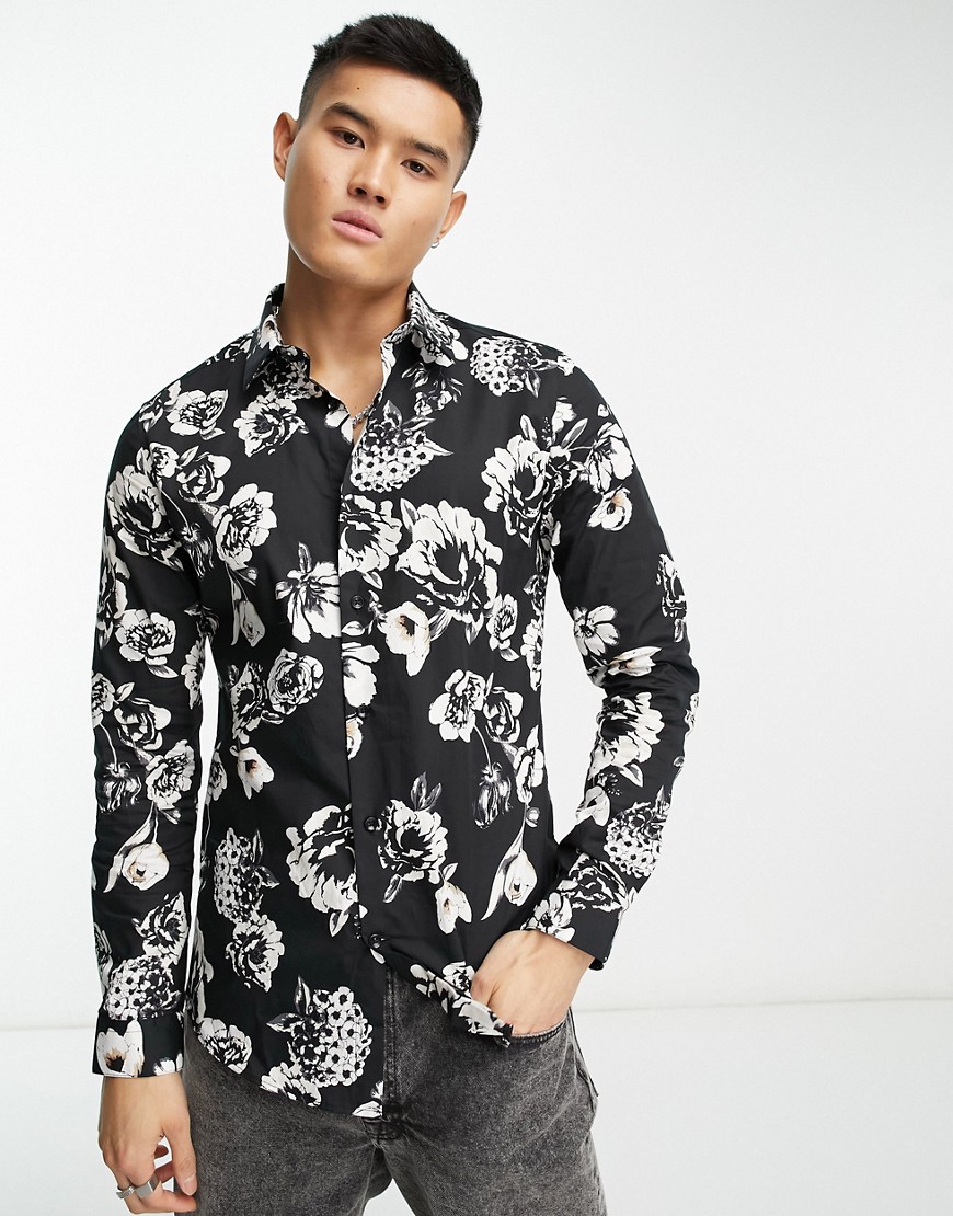 Devils Advocate slim fit long sleeve floral shirt in black and white