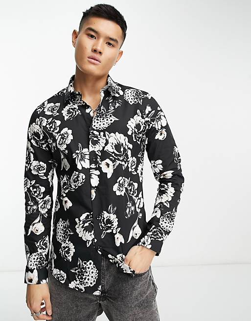 Devils Advocate slim fit long sleeve floral shirt in black and white