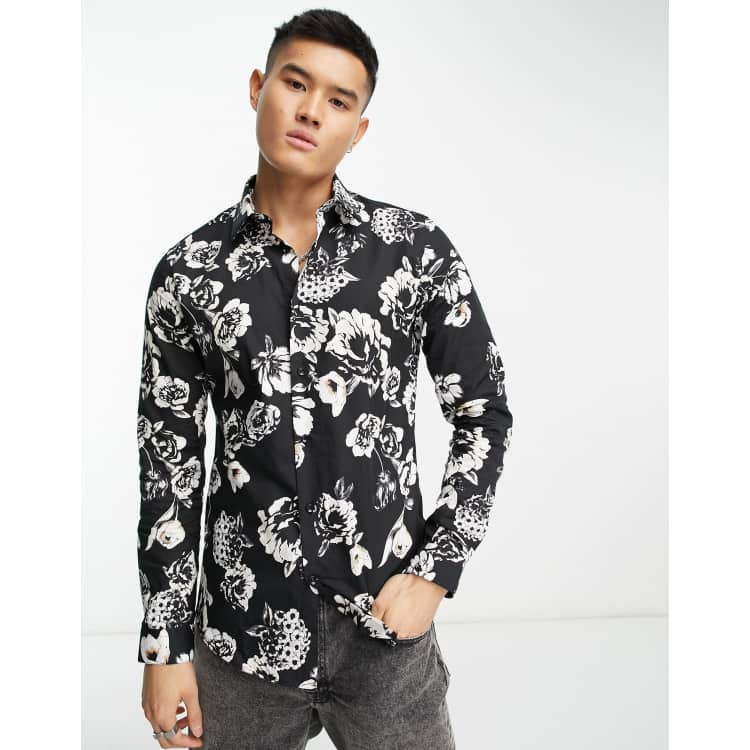 Devils Advocate slim fit long sleeve floral shirt in black and white