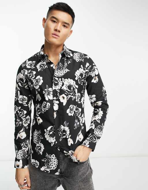 Black and white 2025 floral mens shirt