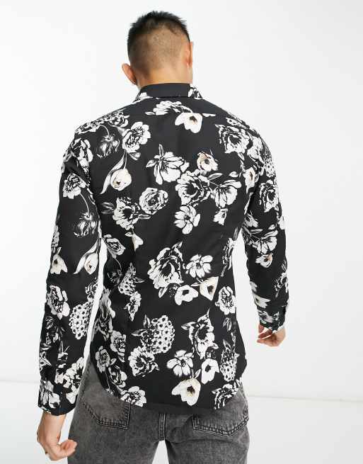 Devils Advocate slim fit long sleeve floral shirt in black and white