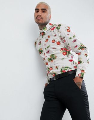 Devils Advocate - Slim-fit overhemd met aardbeienprint-Wit