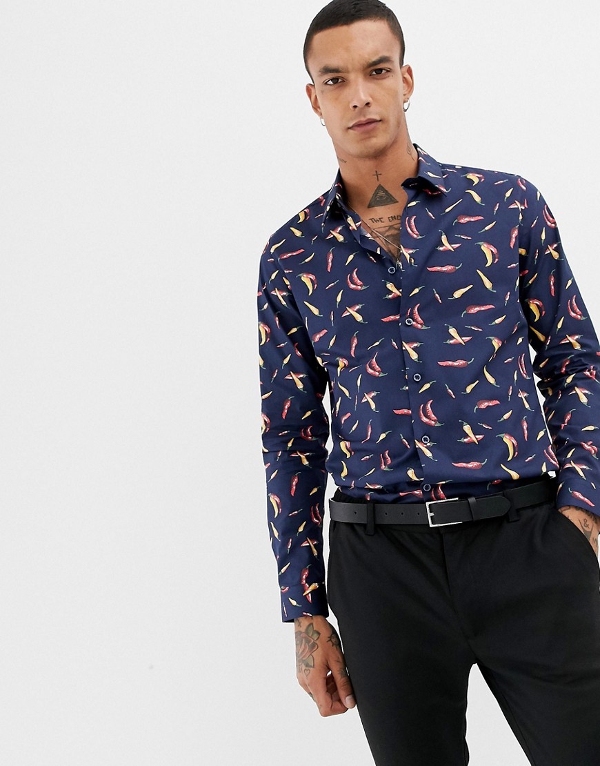 Devils Advocate - Slim-fit overhemd met chili print-Marineblauw