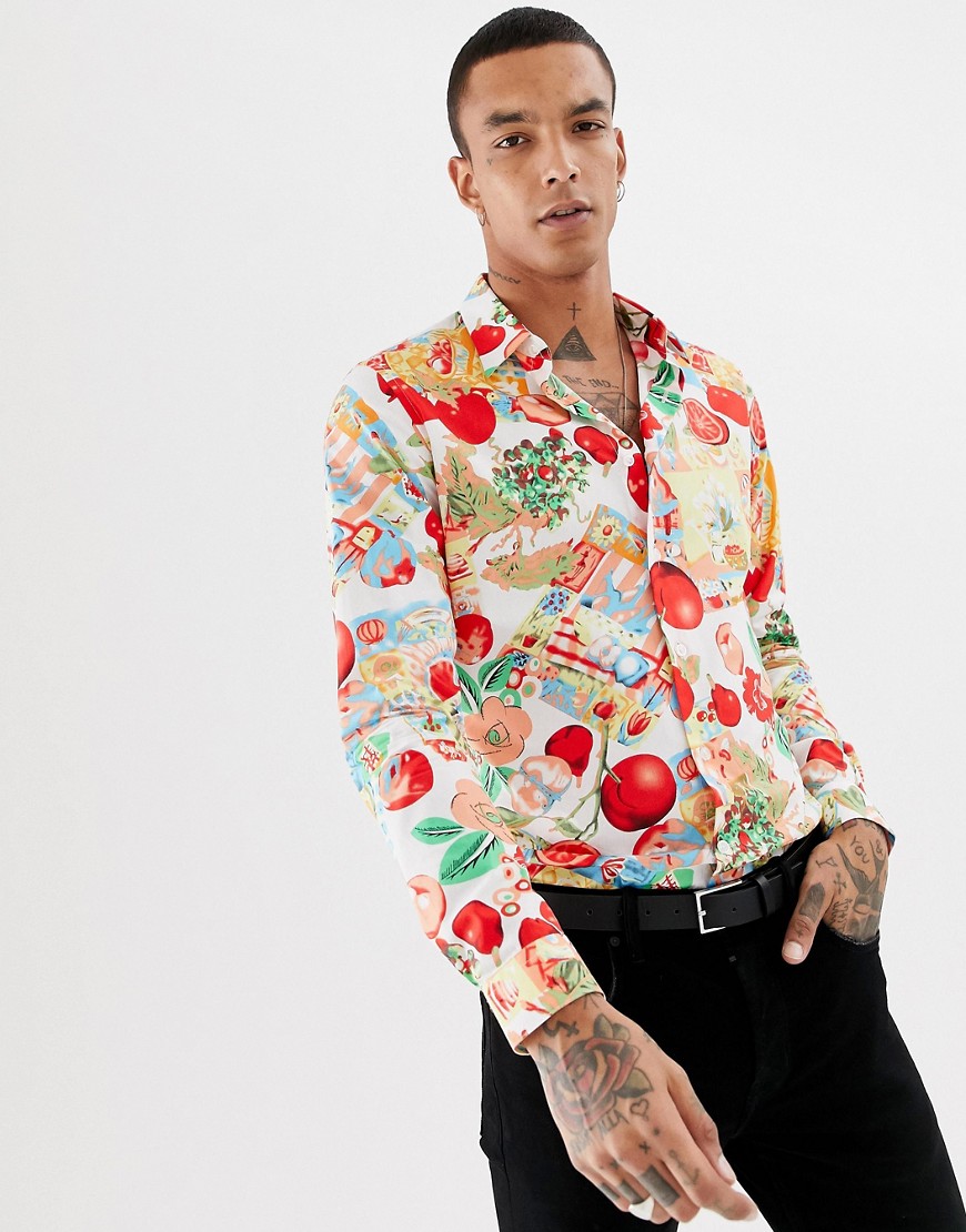 Devils Advocate - Slim-fit overhemd met fruitsaladeprint-Wit