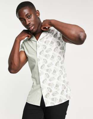 Devils Advocate - Slim-fit overhemd met korte mouwen, half effen, half met bladprint 