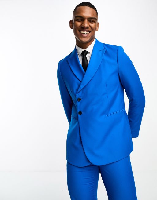 Devil's Advocate slim fit royal blue double breasted peak lapel