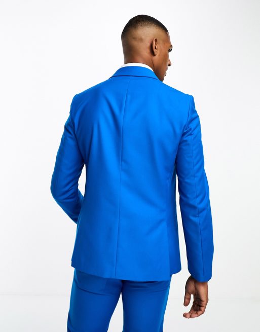 Devils Advocate slim fit royal blue double breasted peak lapel suit jacket