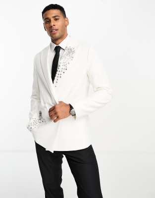 Devils Advocate slim fit white embellised peak lapel double breasted suit jacket - ASOS Price Checker