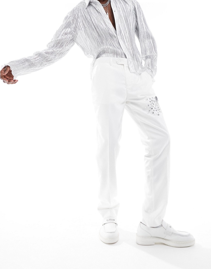 Devils Advocate Slim Fit White Embellished Suit Pants