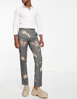 Devils Advocate Devils Advocate slim suit trousers in butterfly print-Navy