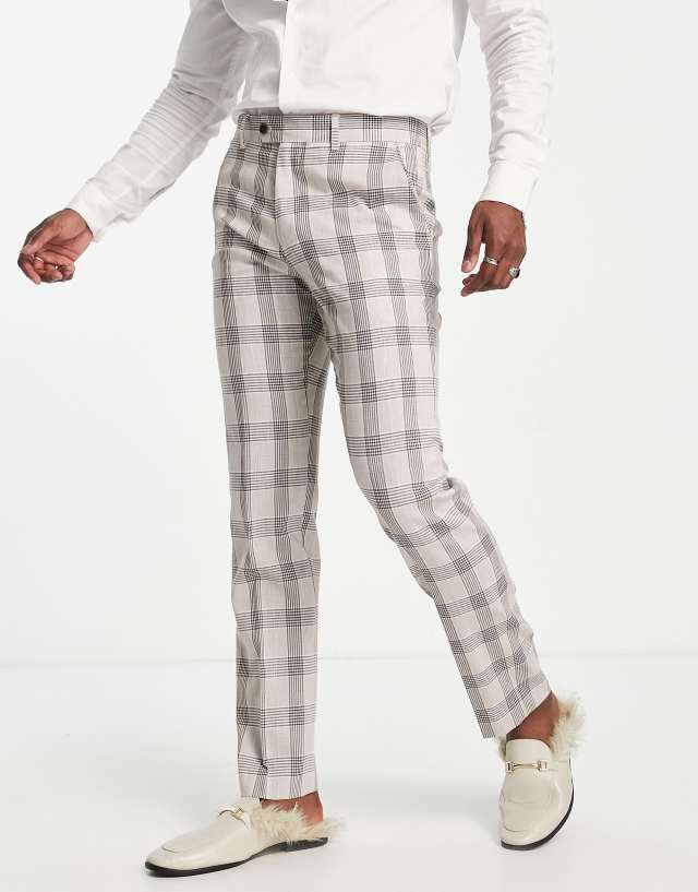 Devils Advocate straight leg suit pants in ecru check