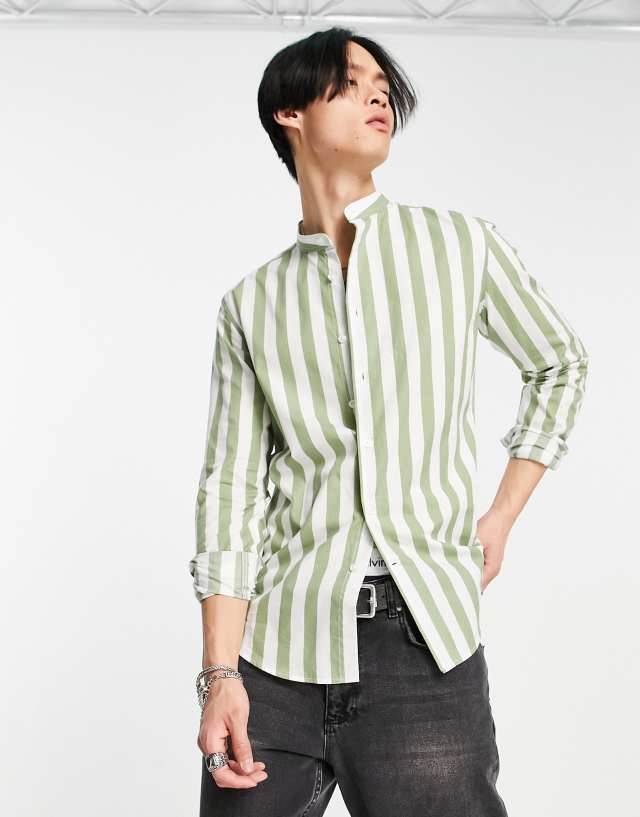 Devils Advocate stripe shirt with grandad collar in green