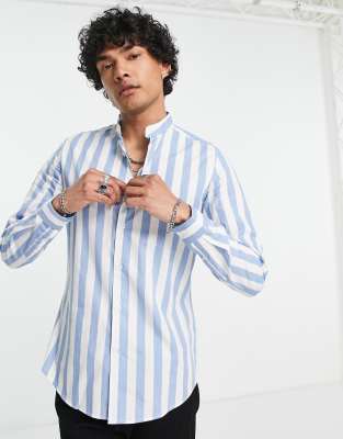 Devils Advocate Devils Advocate striped grandad collar slim fit shirt-Blue