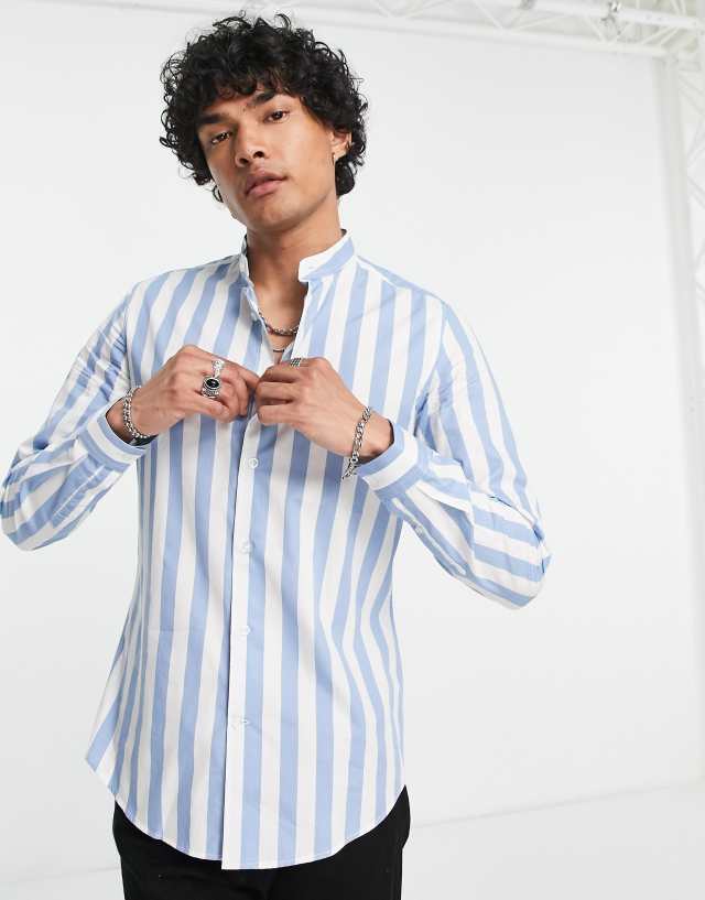 Devils Advocate striped grandad collar slim fit shirt