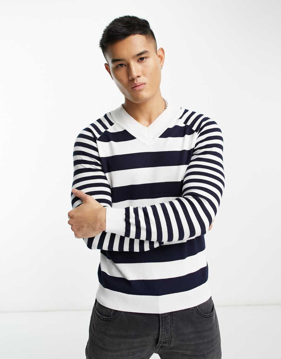 Devils Advocate striped v neck jumper in navy and cream