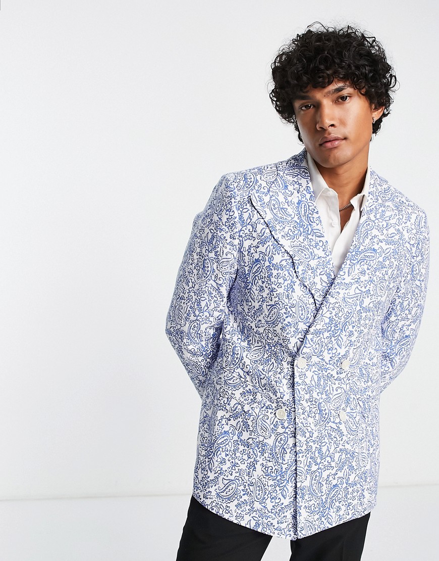 Devils Advocate super skinny suit jacket with scallop lapel in blue paisley