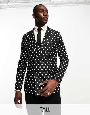 Devil's Advocate Tall skinny fit double breasted polka dot blazer in black