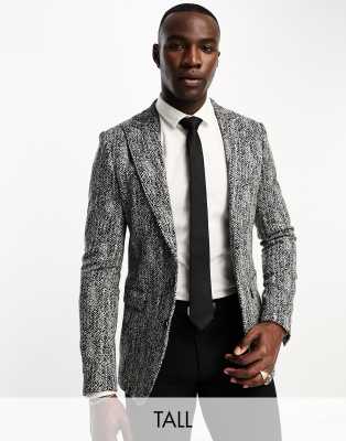 Devils Advocate Tall skinny fit suit jacket in black herringbone