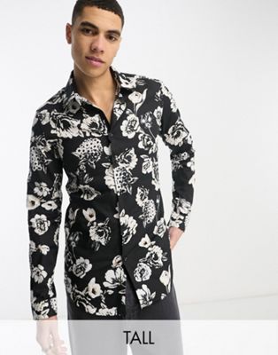 Devils Advocate Tall slim fit long sleeve floral shirt in black and white