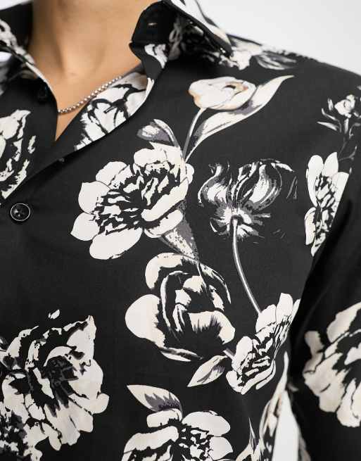 Floral Patterned Long Sleeves Slim Fit Black Men Shirt