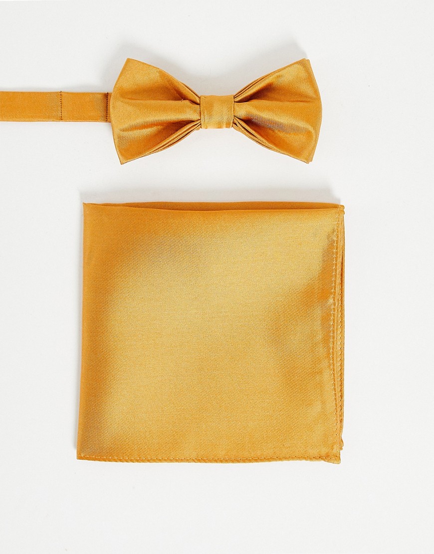 Devils Advocate wedding plain satin bow tie and pocket square-Gold