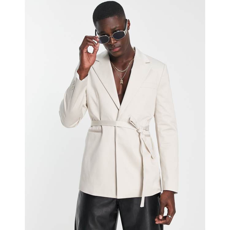 Plain Tie Waist Belt Double Breasted Jacket