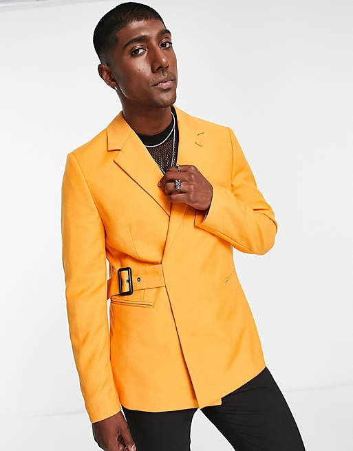 Devil's Advocate wrap slim fit suit jacket in bright orange