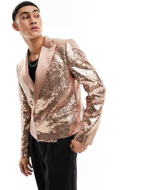Devil's Advocate – Zweireihige Anzugjacke in Gold mit Paillettenbesatz und kurzem, schmalem Schnitt