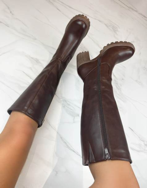 DIA Studios Chunky platform knee boots block heel in dark brown in brown - view 1