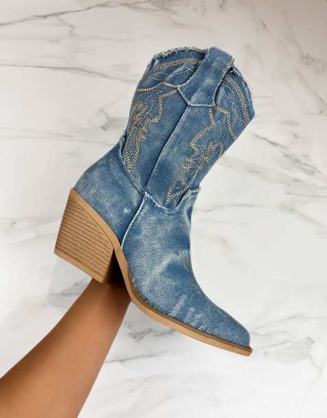 DIA Studios Cowboy western ankle boots in blue denim in blue - view 1