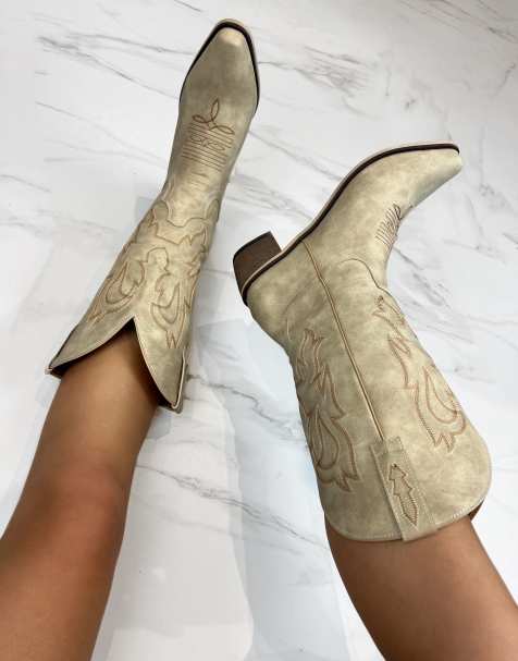 DIA Studios Cowboy western ankle boots in cream beige in beige - view 1