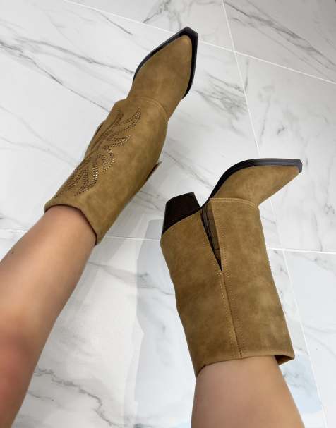 DIA Studios Cowboy western ankle boots in tan brown embellished in brown - view 1