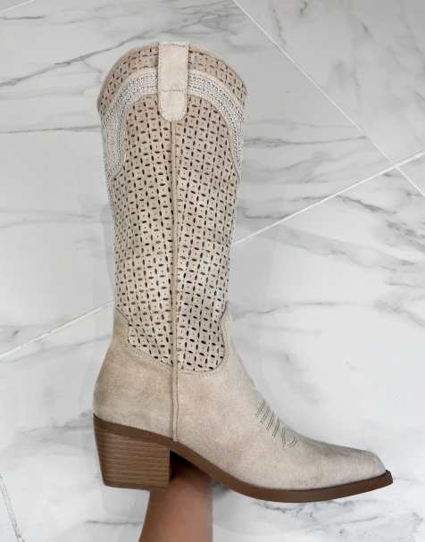 DIA Studios Cowboy western boots in beige faux suede embellished in beige - view 1