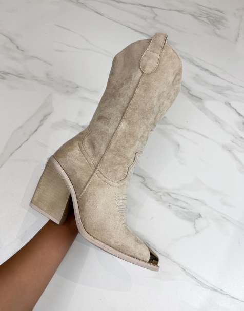 DIA Studios Cowboy western boots in beige faux suede with toe cap&nbsp; in beige - view 1